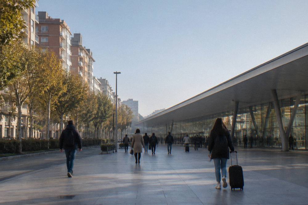 Travellers walking through the bright concourse of Zaragoza-Delicias station
