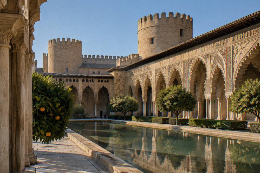 The Aljaferia palace courtyard in Zaragoza with its carved Islamic arches