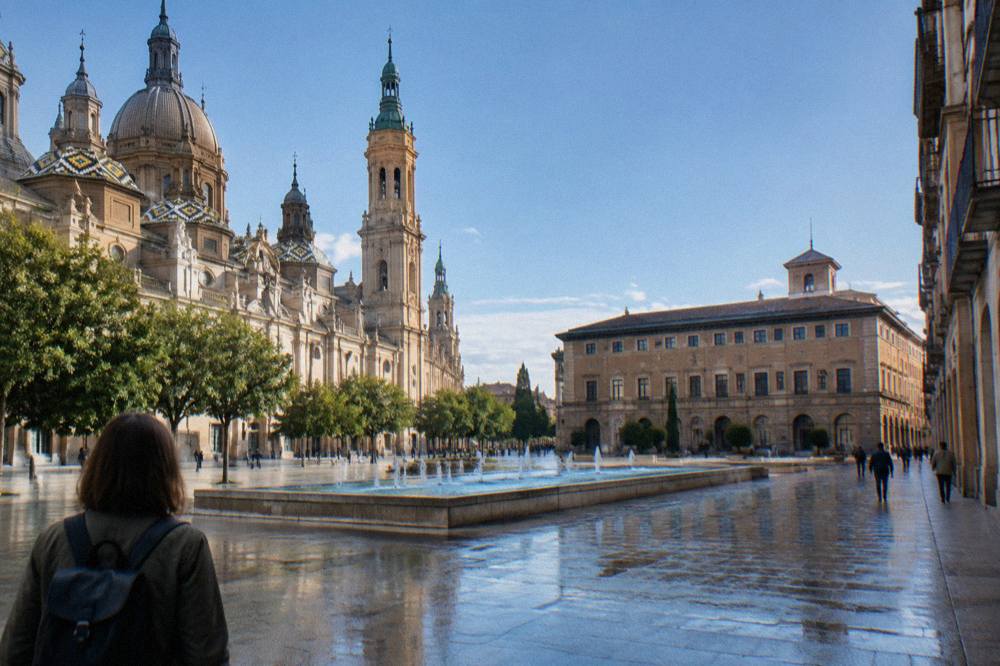 Narrow old-town street in Zaragoza with tall shuttered buildings shading the walkway