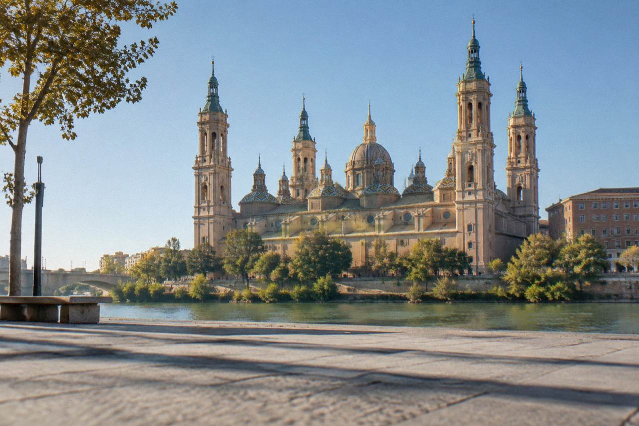 The Basilica del Pilar and its towers rising above the Ebro river in Zaragoza