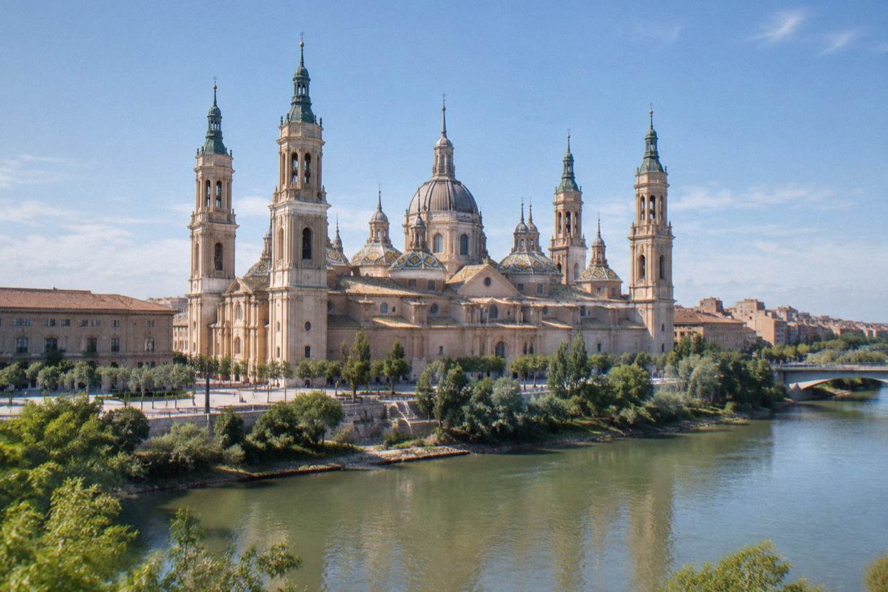 The towers of the Basílica del Pilar rising above the Ebro river in Zaragoza