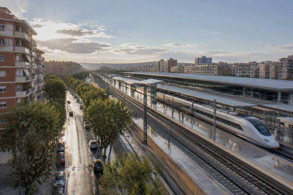 A high-speed train standing at a platform in a modern Spanish railway station