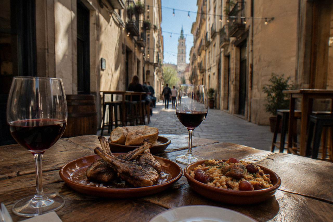A rustic wooden table in a Zaragoza tapas bar holding small plates of grilled lamb, bread crumbs with grapes and glasses of red wine