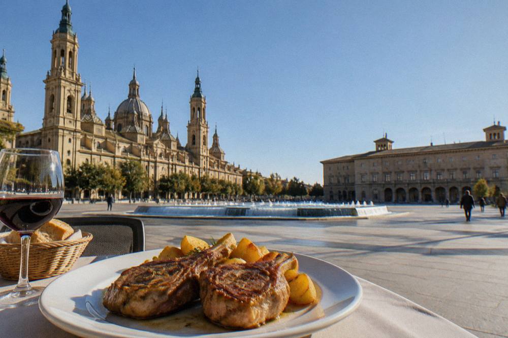Thick cutlets of roast ternasco lamb on a plate with golden potatoes in a Zaragoza restaurant