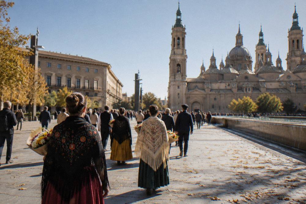 People in traditional Aragonese dress carrying flowers along a crowded promenade toward the basilica