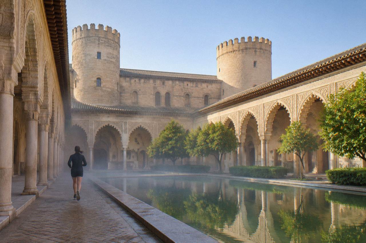 Ornate arches and carved stonework of a palace courtyard under a clear sky