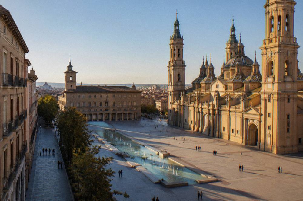 A shaded stone street in Zaragoza's old town with sunlight on the facades
