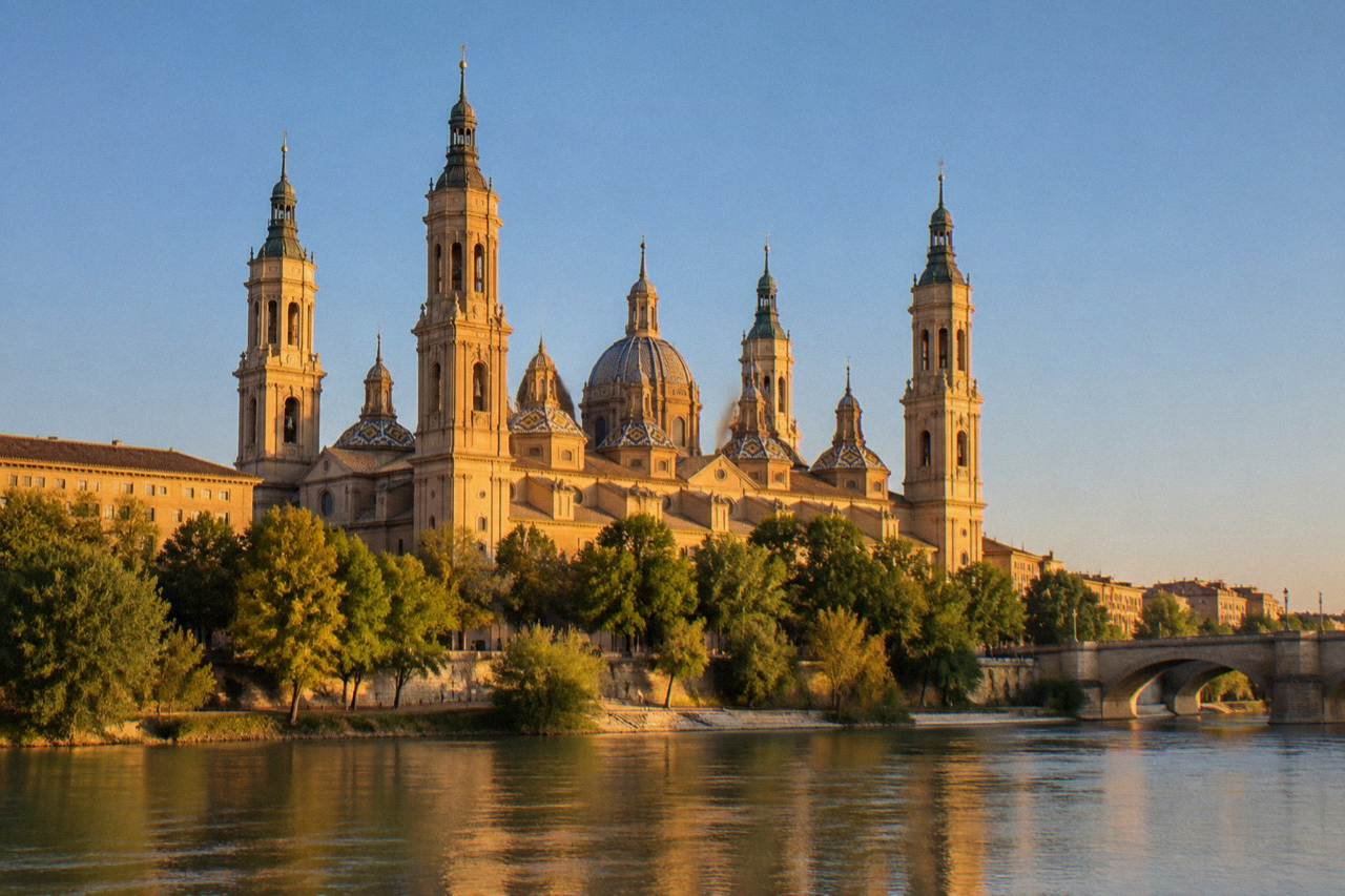 The Basílica del Pilar and its towers rising above the Ebro river in Zaragoza at golden hour