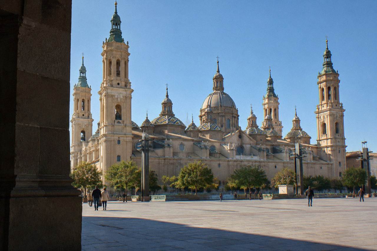 The Basilica del Pilar seen from across the Ebro river at dusk