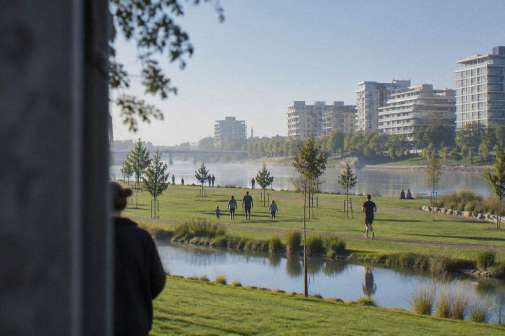 Families and joggers on wide green lawns of a riverside park with water channels