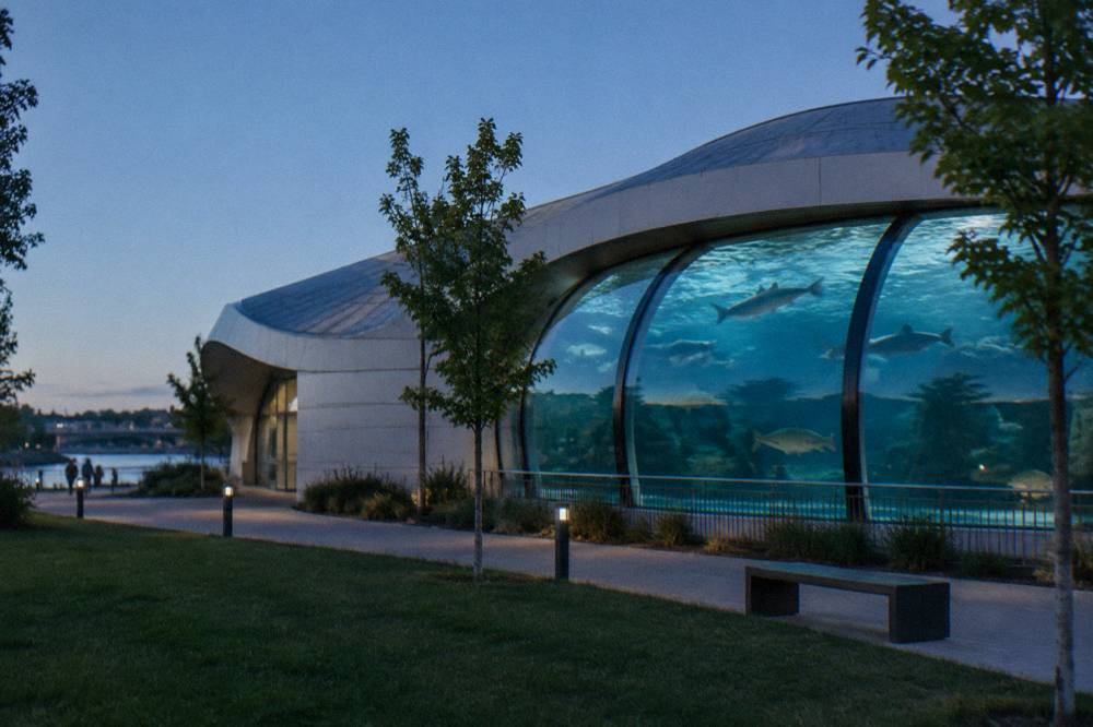 Large glass aquarium tunnel with freshwater fish swimming overhead