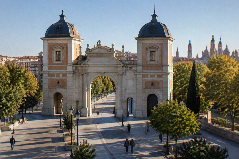 The neoclassical Puerta del Carmen stone gate in Zaragoza seen from the start of the Paseo