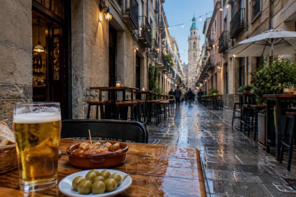 A narrow tapas bar street in Zaragoza's El Tubo district with tables outside small bars