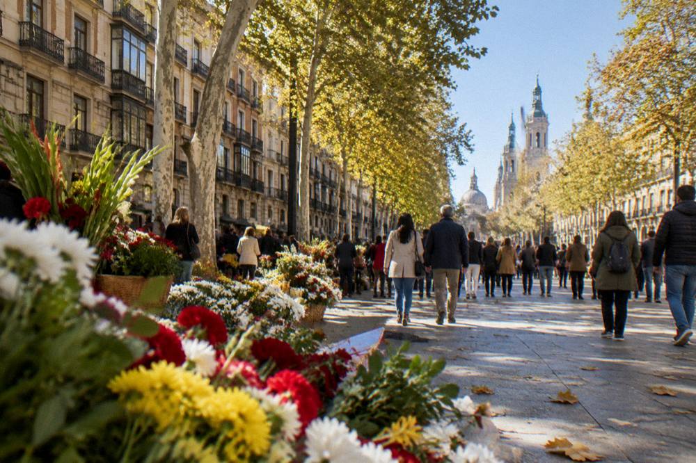 Crowds filling the Paseo de la Independencia during the Ofrenda de Flores with flower displays