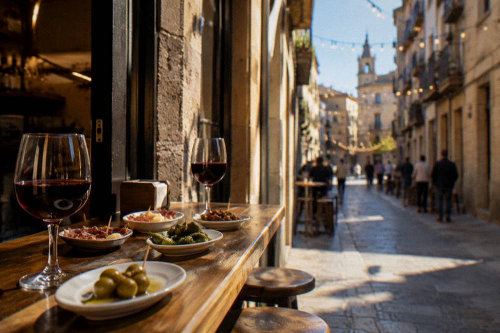 A tapas bar counter in Zaragoza's old town with small plates and glasses of red wine