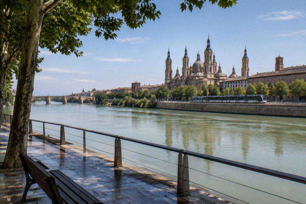 A tram passing along the Ebro riverside with the old town skyline behind