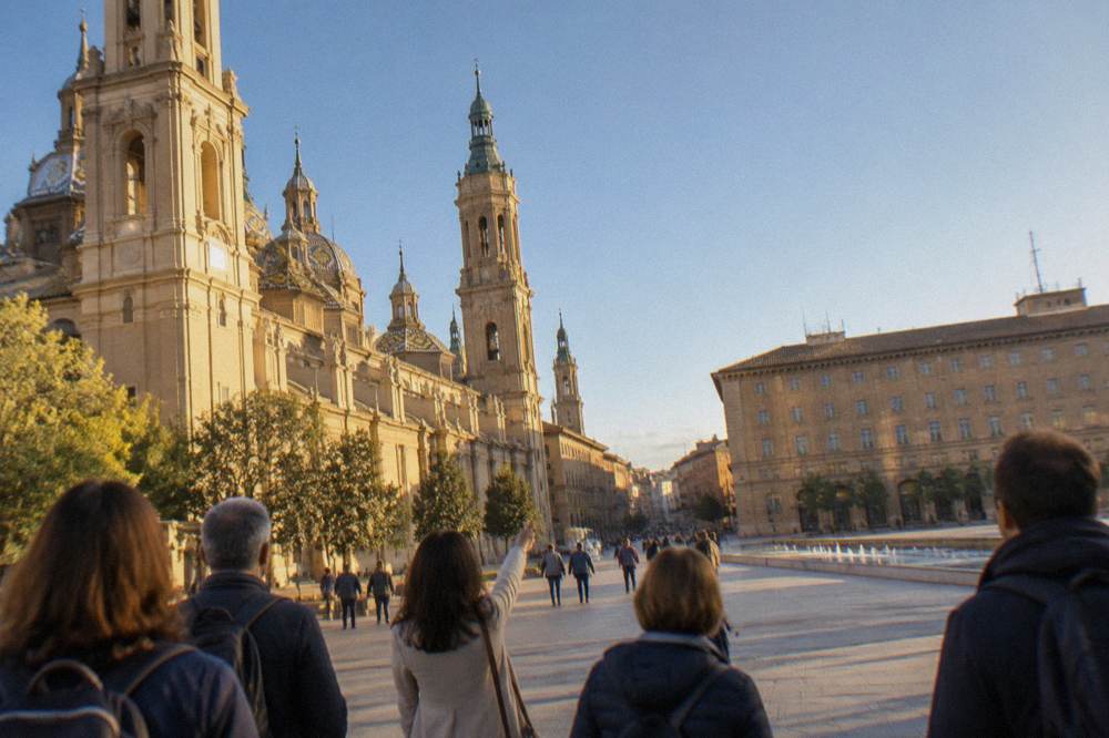 A guided walking group pausing in a sunlit street near the old town of Zaragoza