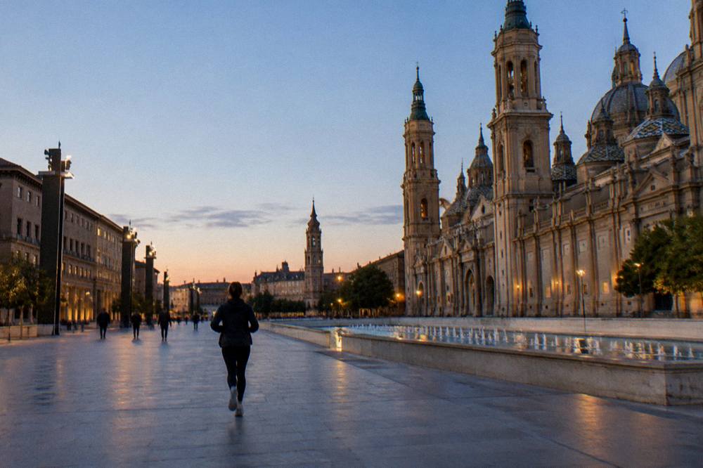 Evening light over rooftops and a church tower in a central quarter of Zaragoza