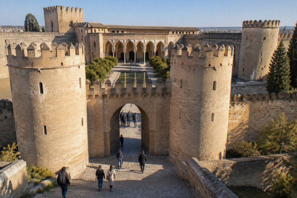 Visitors passing through the stone gateway of the Aljaferia Palace