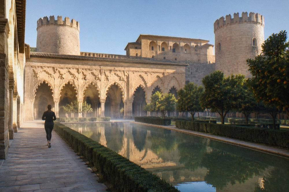 Sunlight falling on the carved arches of the Aljaferia Palace courtyard