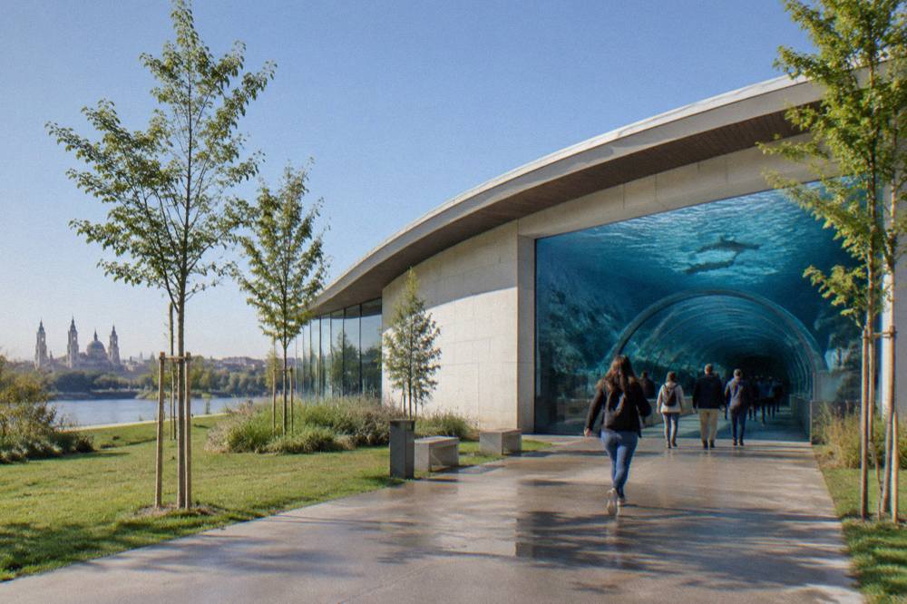 Visitors walking through a glass tunnel beneath a freshwater aquarium tank