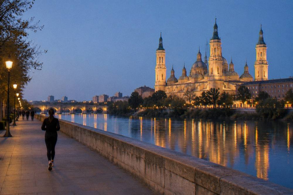 The evening skyline of Zaragoza with the illuminated Basilica del Pilar reflected in the Ebro river