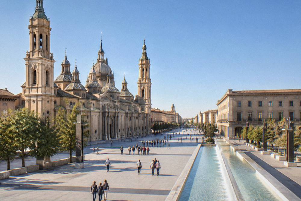 Visitors walking across Plaza del Pilar toward the basilica's main facade in morning light