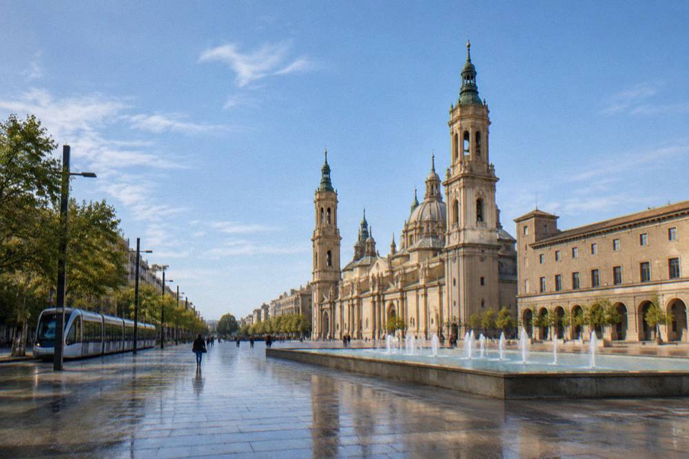 A tram moving along a tree-lined avenue in a modern district of Zaragoza