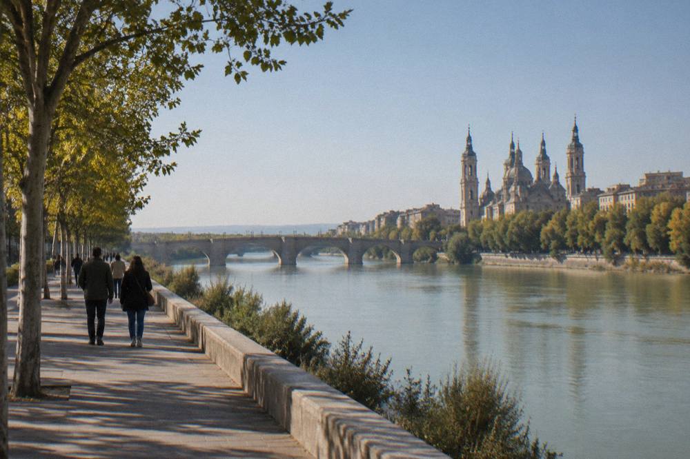 Walkers on a paved riverside path beside the Ebro with trees along the bank