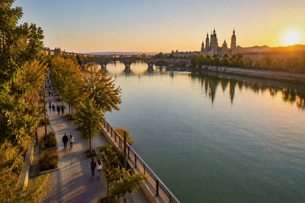 Sunset light on the Ebro with the silhouette of a Zaragoza bridge and calm water
