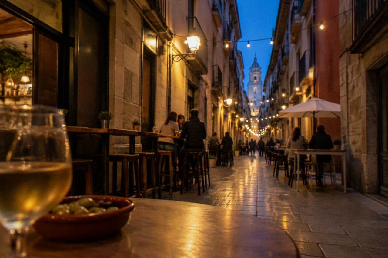 A narrow old-town street in Zaragoza lined with small tapas bars and outdoor tables in the evening
