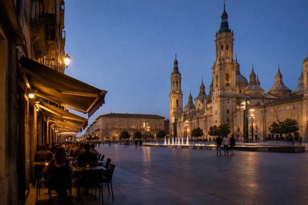 A narrow lane in Zaragoza's old town with bar awnings and tables under evening light