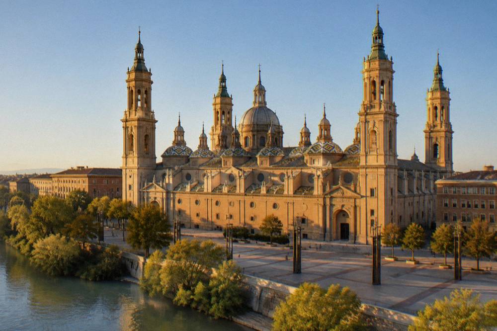 The exterior of the Basílica del Pilar seen from a plaza at golden hour in Zaragoza