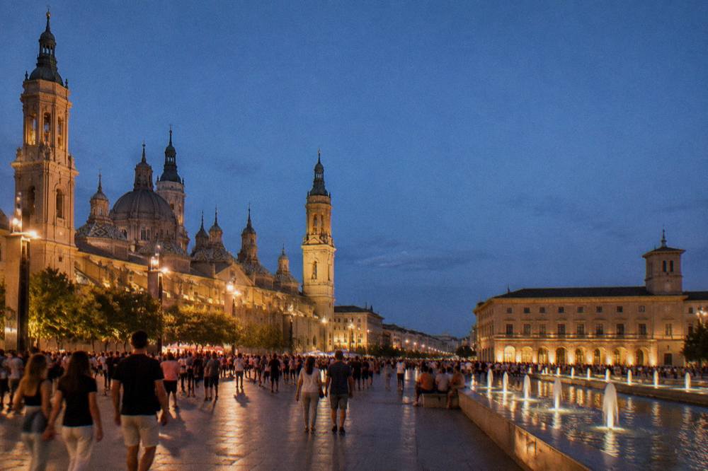 Crowds filling a plaza in Zaragoza during a festival evening with lights and banners