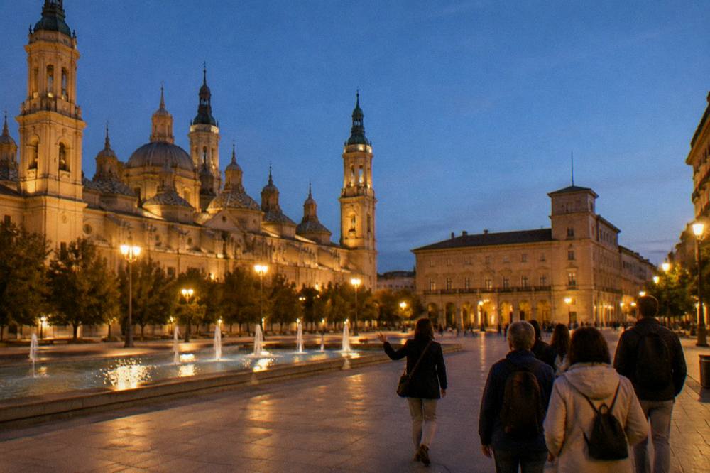 A guide leading a small group of visitors through a lamplit old-town street in Zaragoza