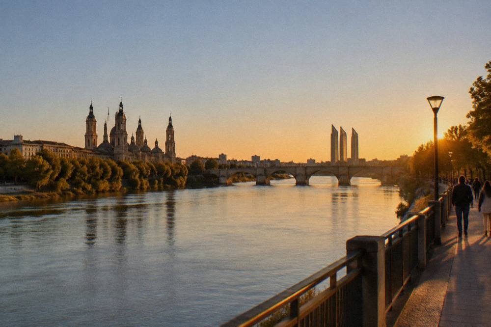 Golden evening light over the Ebro meander with the Expo towers silhouetted in the distance