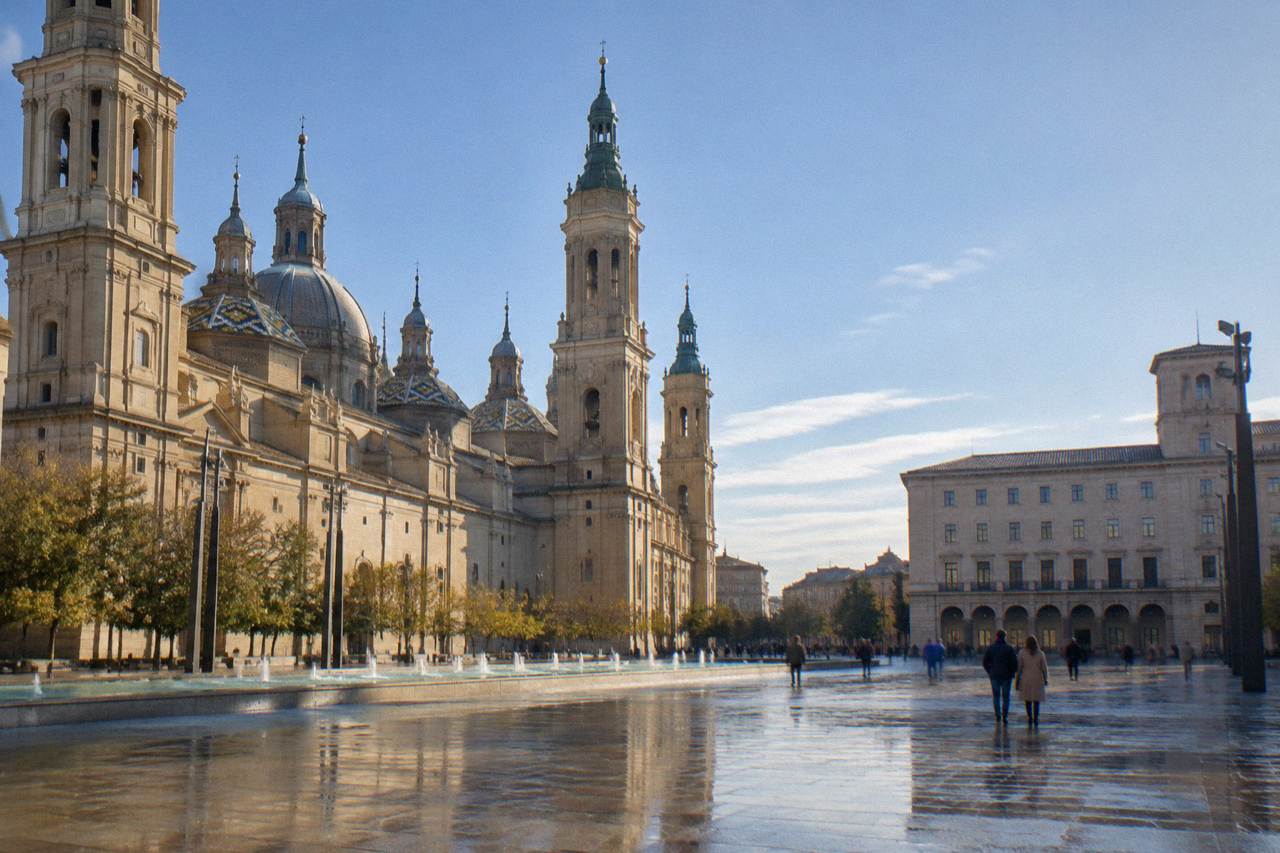 The stone facade of a museum building in central Zaragoza under a clear sky