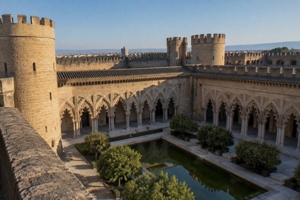 The ornate arches and carved plasterwork of the Aljafería palace courtyard