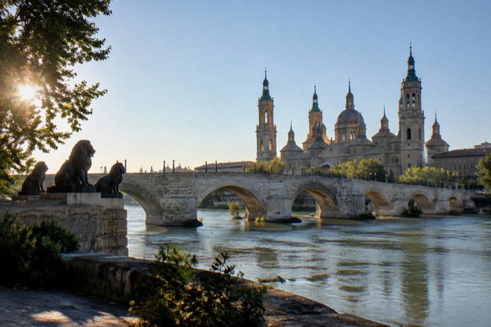 The Ebro river and Puente de Piedra seen from the Zaragoza riverbank near Plaza del Pilar