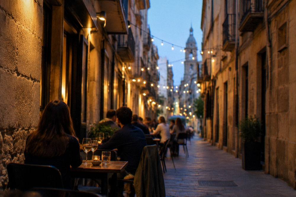 People seated at small tables in a narrow tapas bar street in the evening with warm lighting