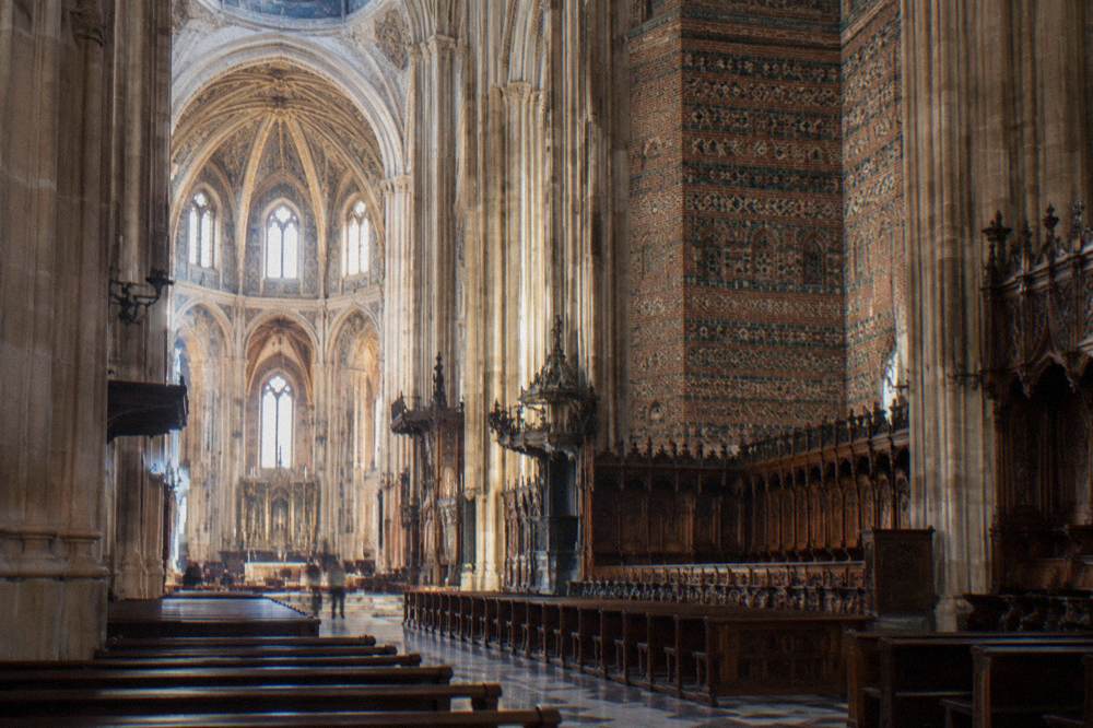 The interior nave and choir stalls of La Seo Cathedral in Zaragoza