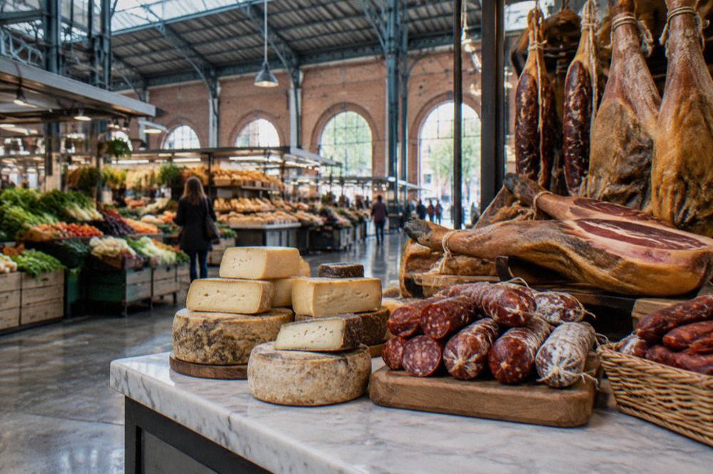 Stall of Aragonese cheeses and cured meats displayed on a marble counter