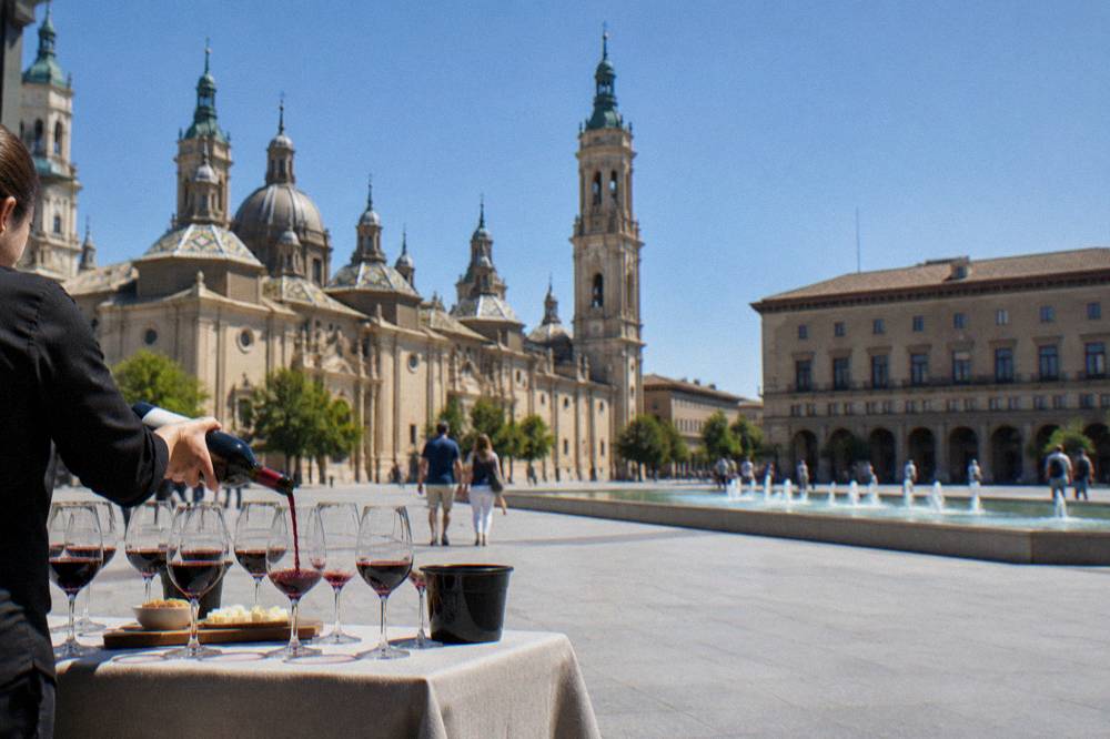 Guide presenting glasses of Aragon red wine at a tasting table in Zaragoza