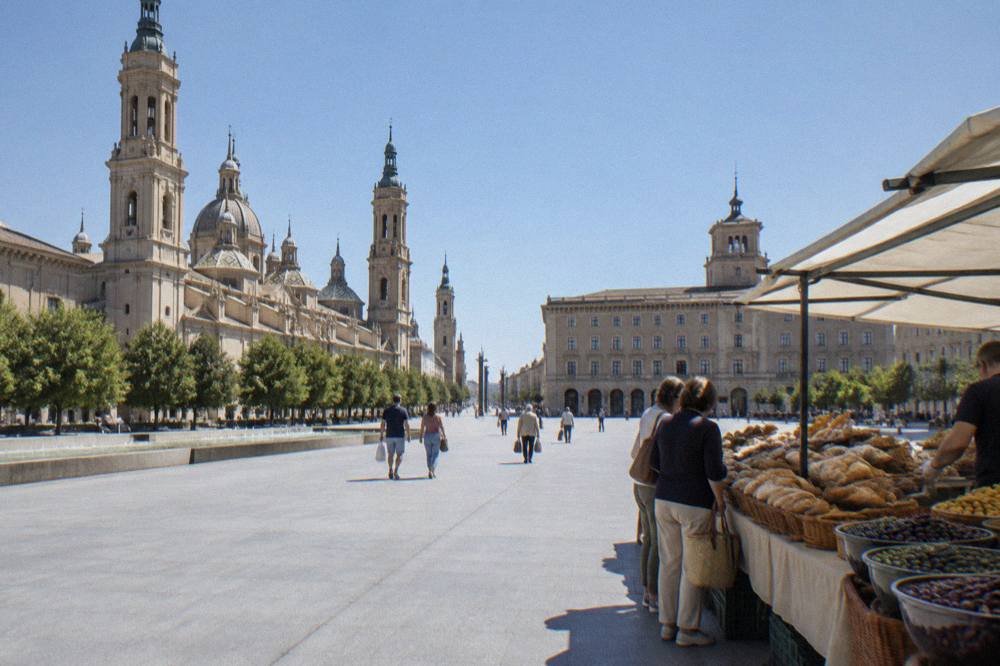 Shoppers with baskets at a Zaragoza market stall selling bread and olives