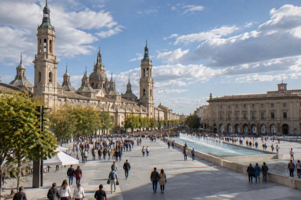 A crowd crossing a festive plaza in Zaragoza with banners strung between buildings