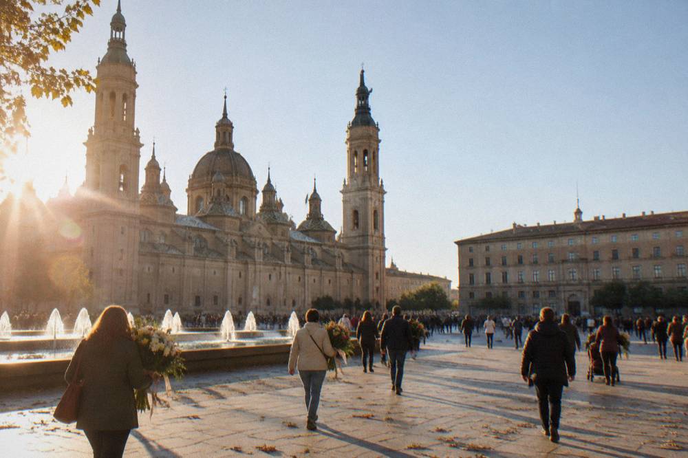 Visitors walking across a busy plaza in Zaragoza during the October festivals with flowers being carried to the basilica