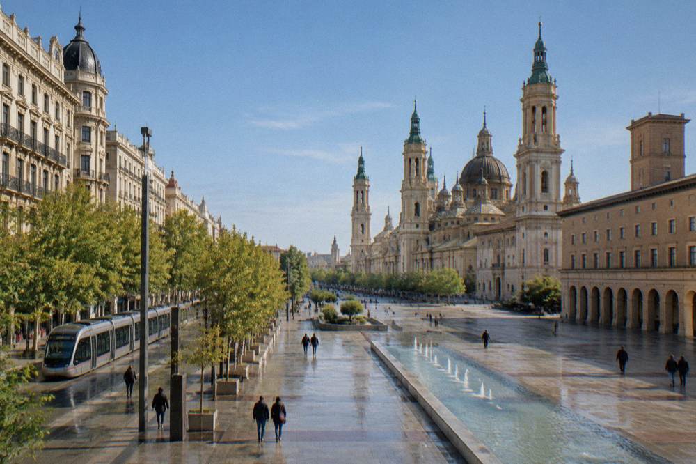 A modern tram passing ornate buildings on a tree lined avenue in Zaragoza