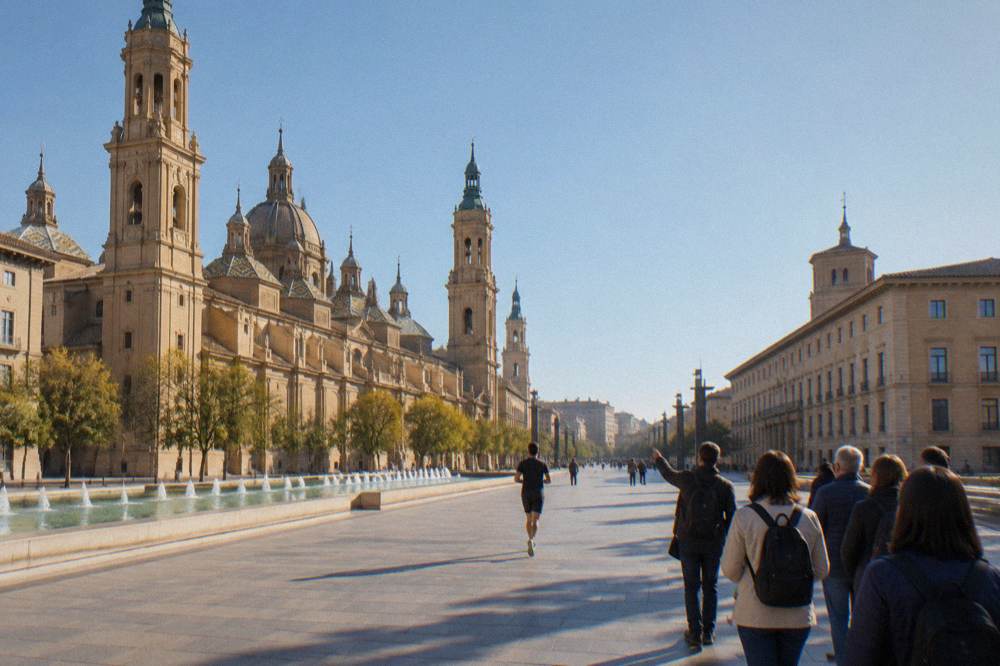 A guided tour group walking through a narrow historic street in Zaragoza with a guide pointing at a facade