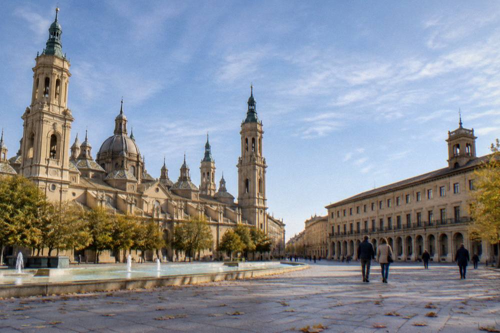 A sunny autumn street in central Zaragoza with stone buildings and a few people walking