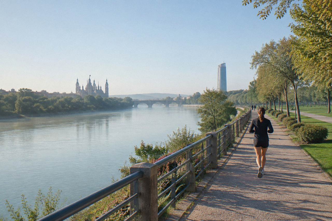 Wide green parkland beside the Ebro river with paths, trees and a modern tower in the distance